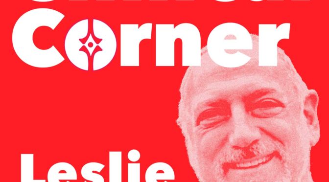 Clinical Corner logo, featuring a smiling LEslie Kaminoff on a bright red background.